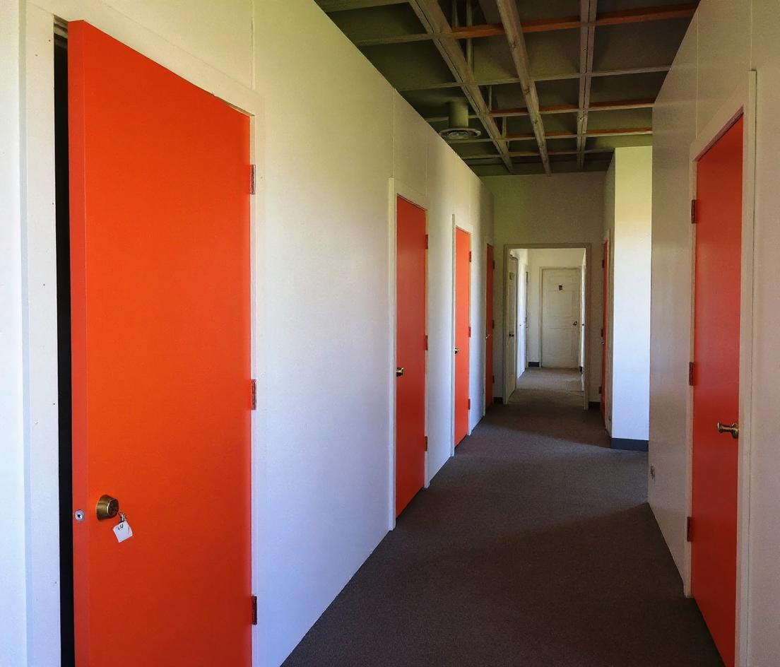 Wide interior storage hallway with climate-controlled units and orange roll-up doors